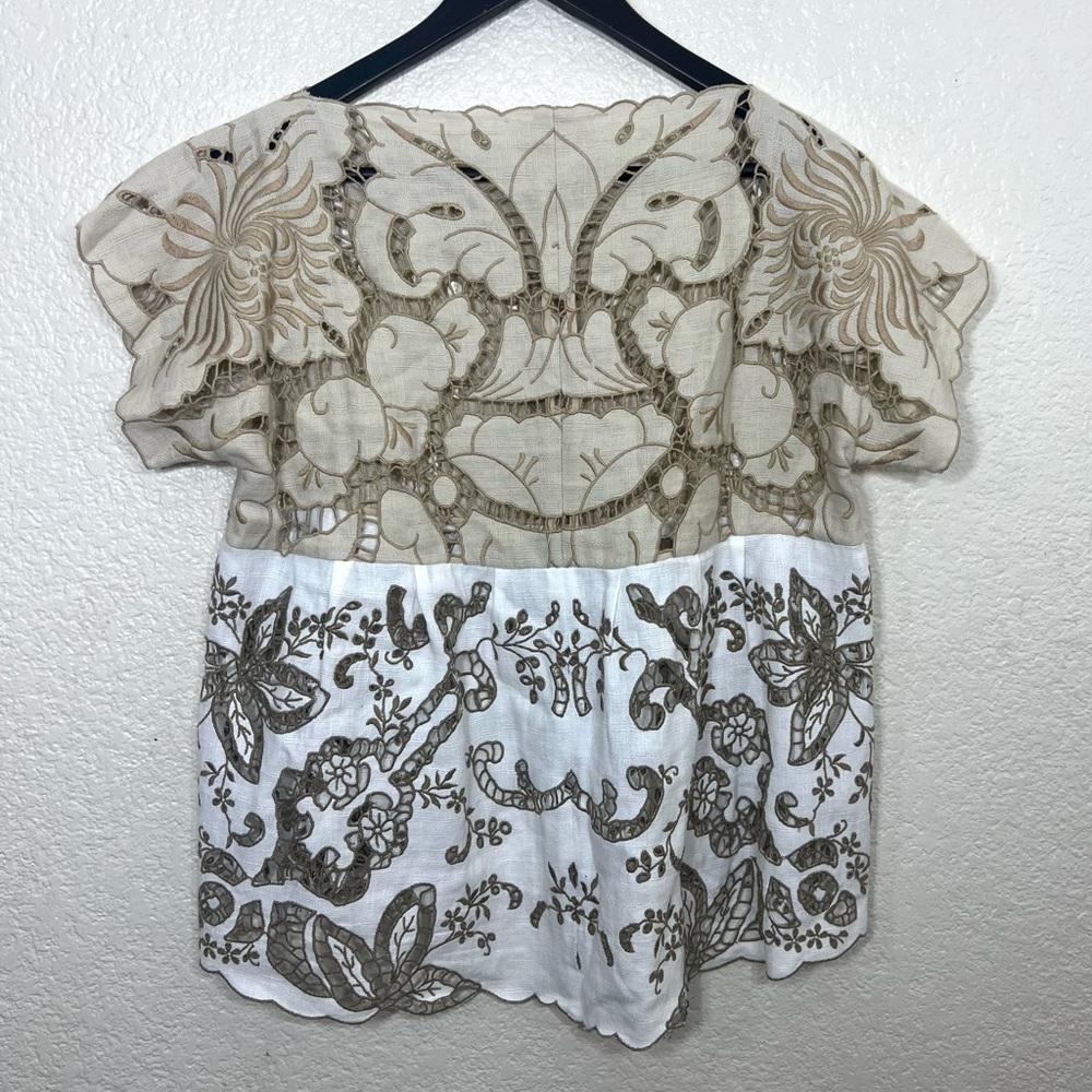 Chloe Eyelet Cotton Blend Top Cream and White Boho Size L - Picture 2 of 10